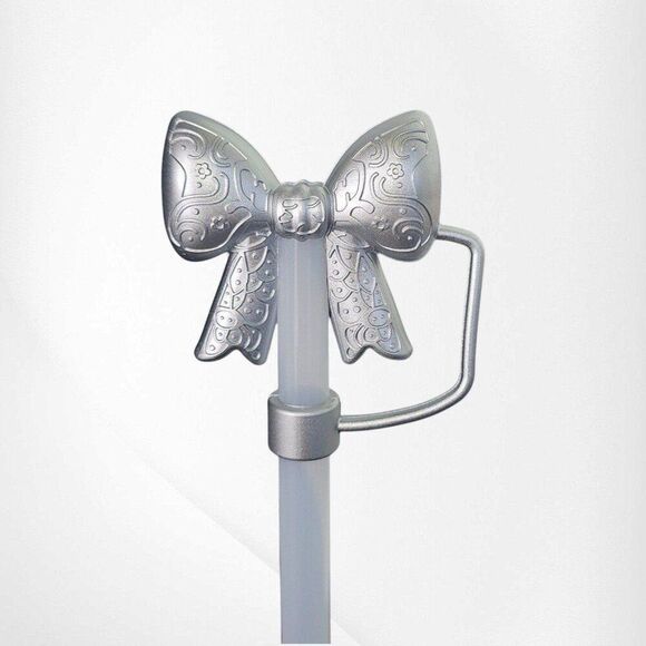 Silver Shimmer Lace 3D Silicone Princess Bow Straw Topper. Fits 10mm & Stanley - Picture 1 of 2